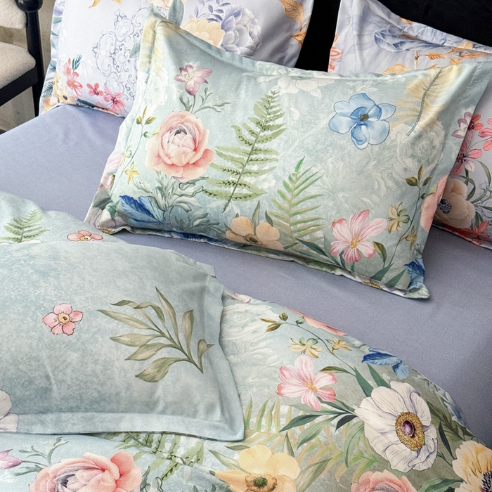 91家纺网 家纺一手货源 找家纺 桔禾家纺 2025新款田园花卉小清新直播加厚植物羊绒四件套高克重磨毛跨境四件套 大量现货 花漾绿