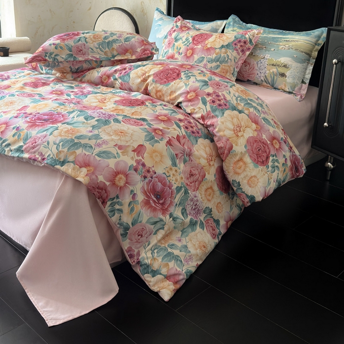 91家纺网 家纺一手货源 找家纺 桔禾家纺 2025新款田园花卉小清新直播加厚植物羊绒四件套高克重磨毛跨境四件套 大量现货 盛世牡丹