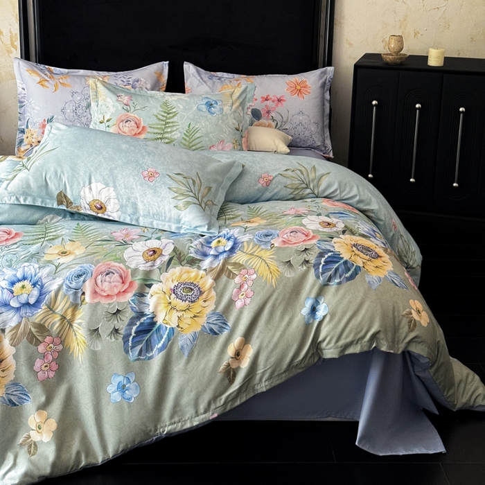 91家纺网 家纺一手货源 找家纺 桔禾家纺 2025新款田园花卉小清新直播加厚植物羊绒四件套高克重磨毛跨境四件套 大量现货 花漾绿