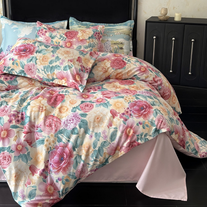 91家纺网 家纺一手货源 找家纺 桔禾家纺 2025新款田园花卉小清新直播加厚植物羊绒四件套高克重磨毛跨境四件套 大量现货 盛世牡丹