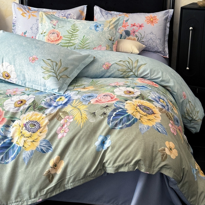 91家纺网 家纺一手货源 找家纺 桔禾家纺 2025新款田园花卉小清新直播加厚植物羊绒四件套高克重磨毛跨境四件套 大量现货 花漾绿