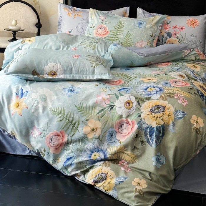 91家纺网 家纺一手货源 找家纺 桔禾家纺 2025新款田园花卉小清新直播加厚植物羊绒四件套高克重磨毛跨境四件套 大量现货 花漾绿