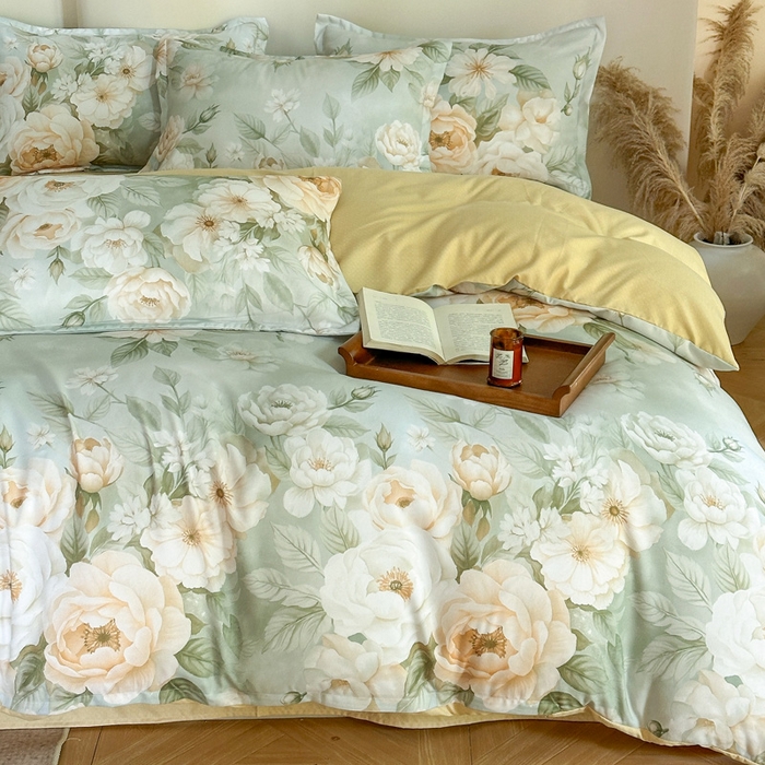 91家纺网 家纺一手货源 找家纺 桔禾家纺 2025新款田园花卉小清新直播加厚植物羊绒四件套高克重磨毛跨境四件套 大量现货 繁花田薇