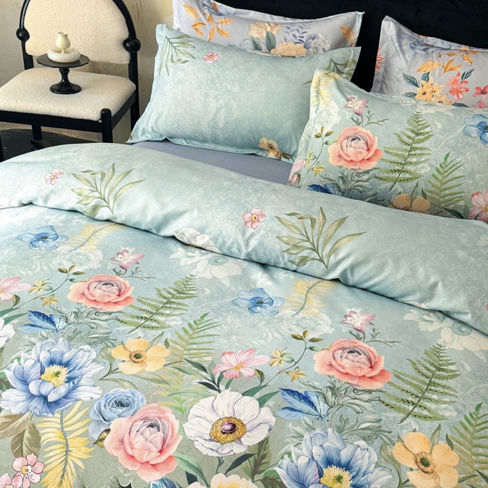 91家纺网 家纺一手货源 找家纺 桔禾家纺 2025新款田园花卉小清新直播加厚植物羊绒四件套高克重磨毛跨境四件套 大量现货 花漾绿