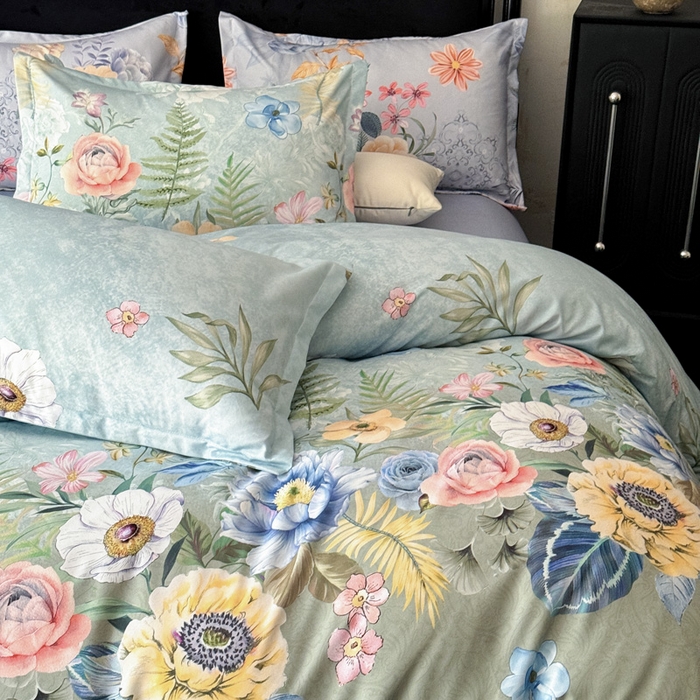 91家纺网 家纺一手货源 找家纺 桔禾家纺 2025新款田园花卉小清新直播加厚植物羊绒四件套高克重磨毛跨境四件套 大量现货 花漾绿