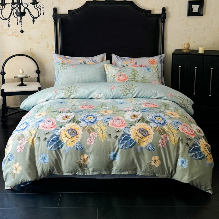 桔禾家纺 2025新款田园花卉小清新直播加厚植物羊绒四件套高克重磨毛跨境四件套 大量现货 花漾绿