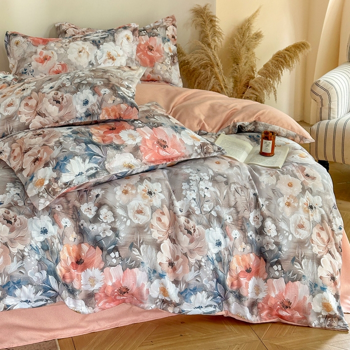 91家纺网 家纺一手货源 找家纺 桔禾家纺 2025新款田园花卉小清新直播加厚植物羊绒四件套高克重磨毛跨境四件套 大量现货 赛里木花