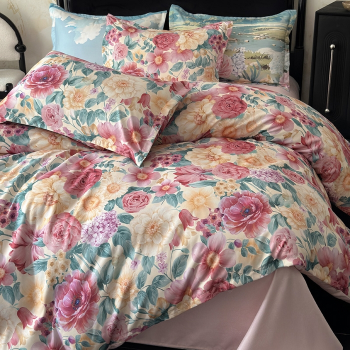 91家纺网 家纺一手货源 找家纺 桔禾家纺 2025新款田园花卉小清新直播加厚植物羊绒四件套高克重磨毛跨境四件套 大量现货 盛世牡丹