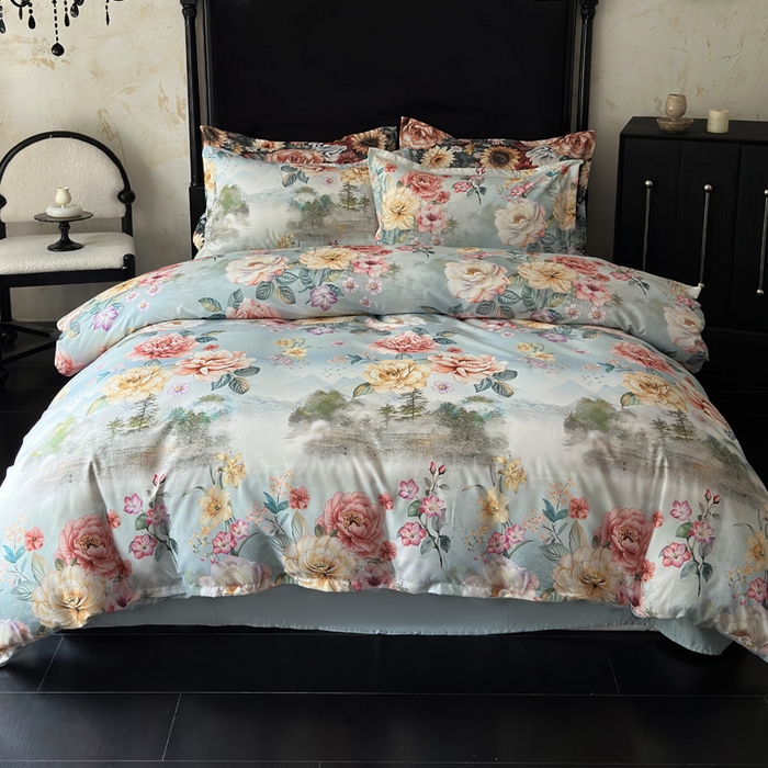 91家纺网 家纺一手货源 找家纺 桔禾家纺 2025新款田园花卉小清新直播加厚植物羊绒四件套高克重磨毛跨境四件套 大量现货 烟雨江南