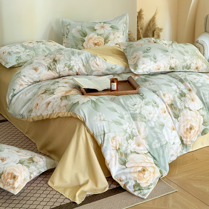 91家纺网 家纺一手货源 找家纺 桔禾家纺 2025新款田园花卉小清新直播加厚植物羊绒四件套高克重磨毛跨境四件套 大量现货 繁花田薇