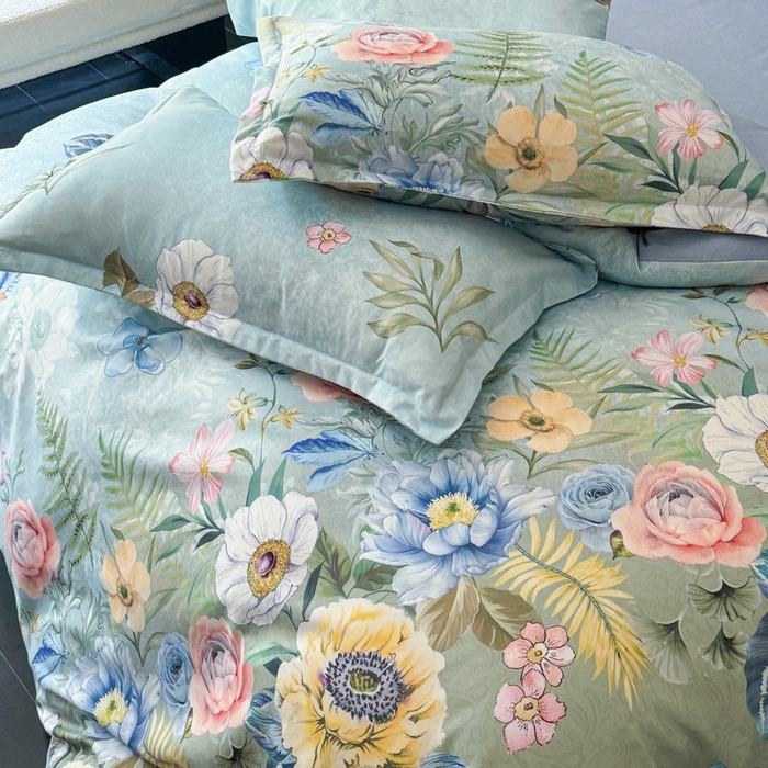 91家纺网 家纺一手货源 找家纺 桔禾家纺 2025新款田园花卉小清新直播加厚植物羊绒四件套高克重磨毛跨境四件套 大量现货 花漾绿