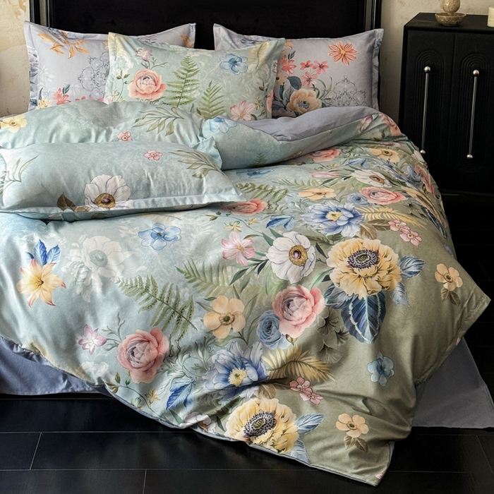 91家纺网 家纺一手货源 找家纺 桔禾家纺 2025新款田园花卉小清新直播加厚植物羊绒四件套高克重磨毛跨境四件套 大量现货 花漾绿