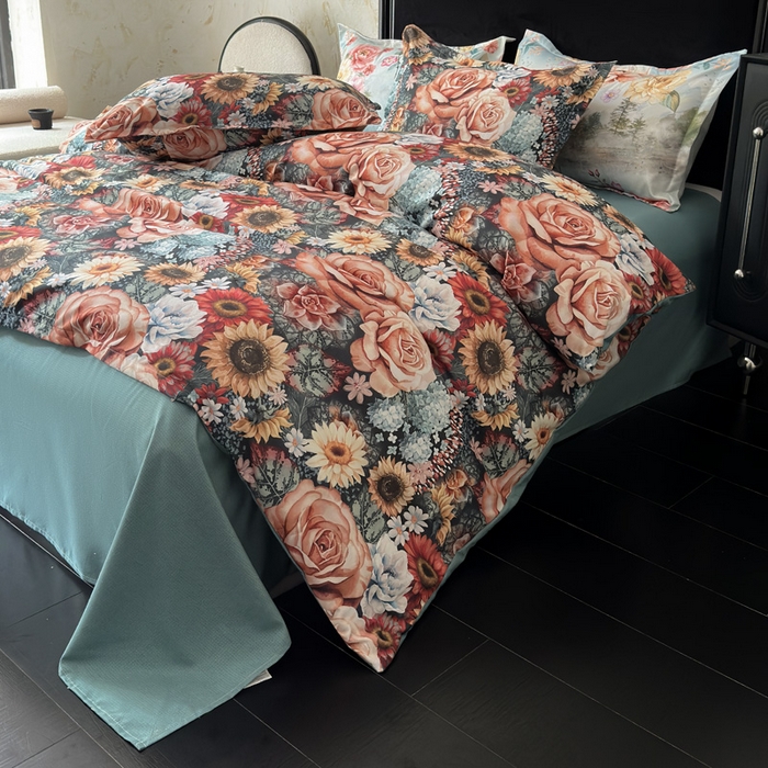 91家纺网 家纺一手货源 找家纺 桔禾家纺 2025新款田园花卉小清新直播加厚植物羊绒四件套高克重磨毛跨境四件套 大量现货 向阳花开