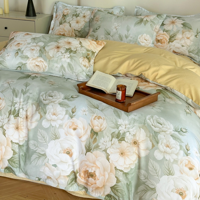 91家纺网 家纺一手货源 找家纺 桔禾家纺 2025新款田园花卉小清新直播加厚植物羊绒四件套高克重磨毛跨境四件套 大量现货 繁花田薇