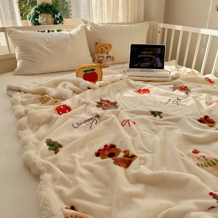 91家纺网 家纺一手货源 找家纺 桃子家居 2025新款A类ins圣诞新年秋冬限定款加厚牛奶绒羊羔绒毛毯多功能毯 绒毛毯-MT圣诞小熊熊