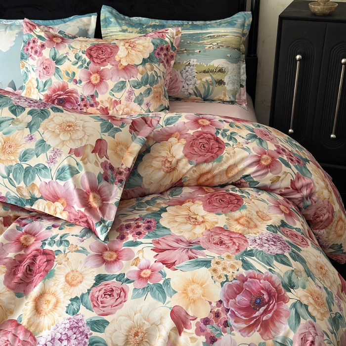 91家纺网 家纺一手货源 找家纺 桔禾家纺 2025新款田园花卉小清新直播加厚植物羊绒四件套高克重磨毛跨境四件套 大量现货 盛世牡丹