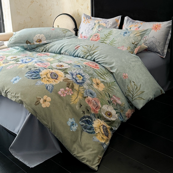 91家纺网 家纺一手货源 找家纺 桔禾家纺 2025新款田园花卉小清新直播加厚植物羊绒四件套高克重磨毛跨境四件套 大量现货 花漾绿