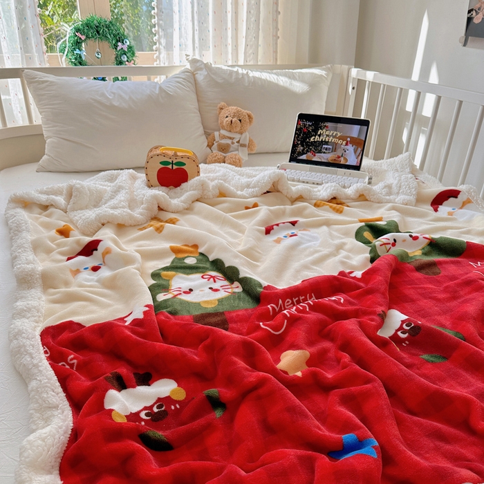 91家纺网 家纺一手货源 找家纺 桃子家居 2025新款A类ins圣诞新年秋冬限定款加厚牛奶绒羊羔绒毛毯多功能毯 绒毛毯-MT圣诞小猫咪