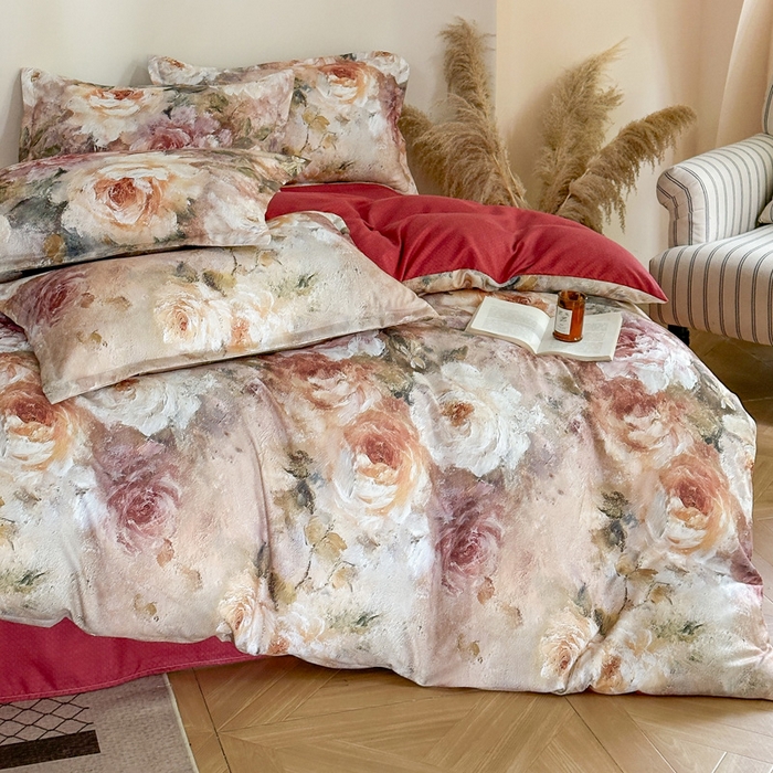 91家纺网 家纺一手货源 找家纺 桔禾家纺 2025新款田园花卉小清新直播加厚植物羊绒四件套高克重磨毛跨境四件套 大量现货 邂逅玫瑰