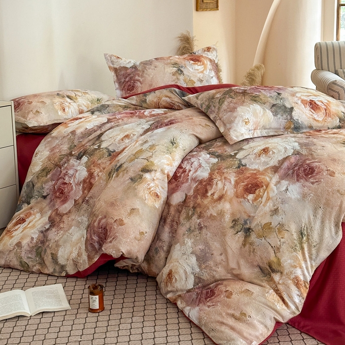 91家纺网 家纺一手货源 找家纺 桔禾家纺 2025新款田园花卉小清新直播加厚植物羊绒四件套高克重磨毛跨境四件套 大量现货 邂逅玫瑰