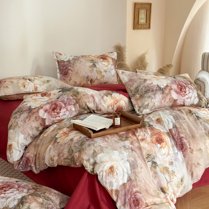 91家纺网 家纺一手货源 找家纺 桔禾家纺 2025新款田园花卉小清新直播加厚植物羊绒四件套高克重磨毛跨境四件套 大量现货 邂逅玫瑰