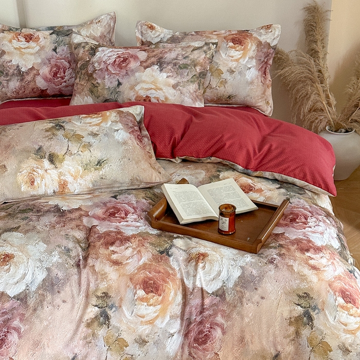 91家纺网 家纺一手货源 找家纺 桔禾家纺 2025新款田园花卉小清新直播加厚植物羊绒四件套高克重磨毛跨境四件套 大量现货 邂逅玫瑰