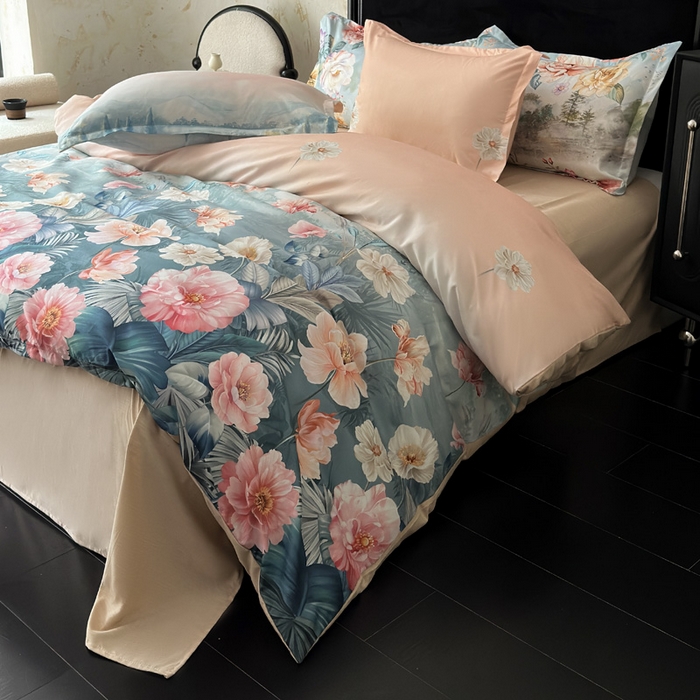 91家纺网 家纺一手货源 找家纺 桔禾家纺 2025新款田园花卉小清新直播加厚植物羊绒四件套高克重磨毛跨境四件套 大量现货 怡人花海