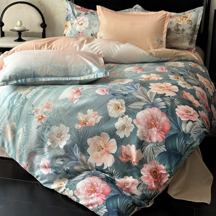 91家纺网 家纺一手货源 找家纺 桔禾家纺 2025新款田园花卉小清新直播加厚植物羊绒四件套高克重磨毛跨境四件套 大量现货 怡人花海