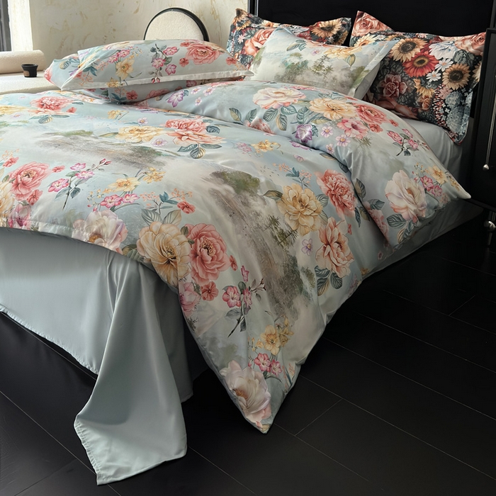 91家纺网 家纺一手货源 找家纺 桔禾家纺 2025新款田园花卉小清新直播加厚植物羊绒四件套高克重磨毛跨境四件套 大量现货 烟雨江南