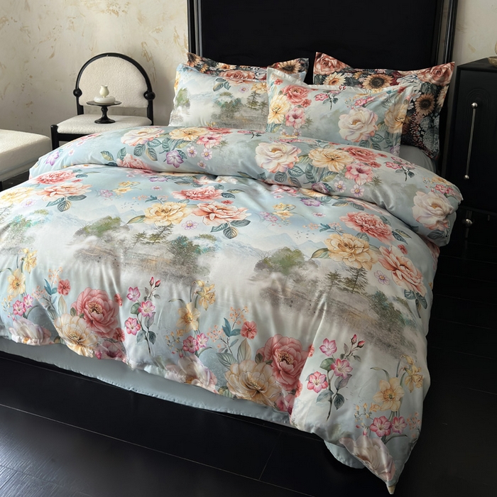 91家纺网 家纺一手货源 找家纺 桔禾家纺 2025新款田园花卉小清新直播加厚植物羊绒四件套高克重磨毛跨境四件套 大量现货 烟雨江南