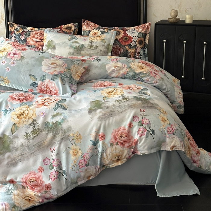 91家纺网 家纺一手货源 找家纺 桔禾家纺 2025新款田园花卉小清新直播加厚植物羊绒四件套高克重磨毛跨境四件套 大量现货 烟雨江南