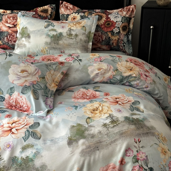 91家纺网 家纺一手货源 找家纺 桔禾家纺 2025新款田园花卉小清新直播加厚植物羊绒四件套高克重磨毛跨境四件套 大量现货 烟雨江南