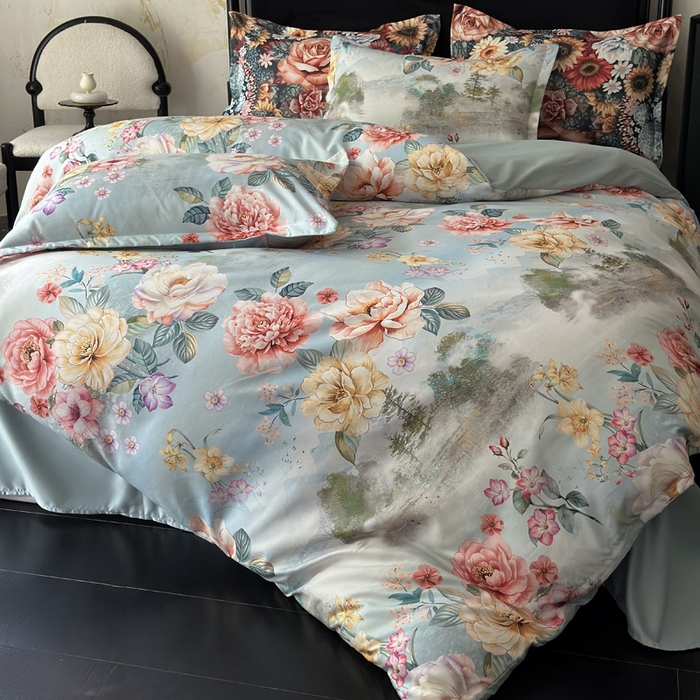 91家纺网 家纺一手货源 找家纺 桔禾家纺 2025新款田园花卉小清新直播加厚植物羊绒四件套高克重磨毛跨境四件套 大量现货 烟雨江南