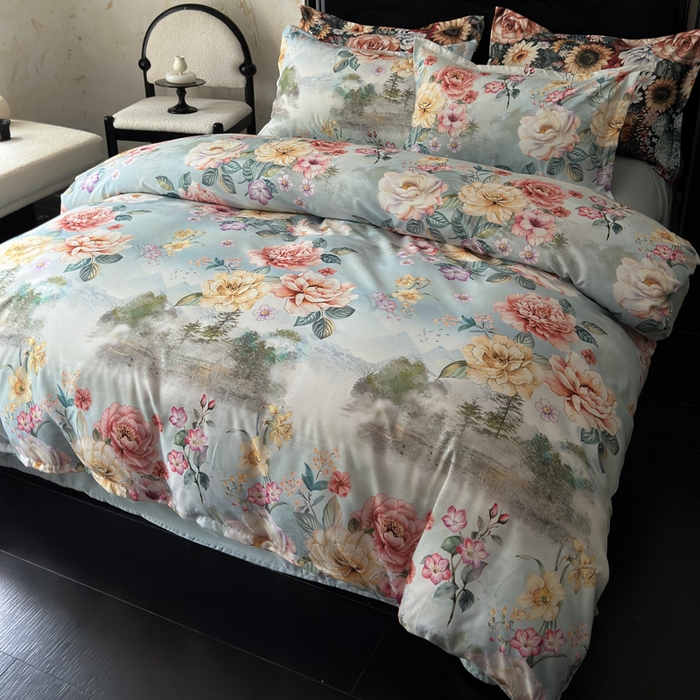 91家纺网 家纺一手货源 找家纺 桔禾家纺 2025新款田园花卉小清新直播加厚植物羊绒四件套高克重磨毛跨境四件套 大量现货 烟雨江南