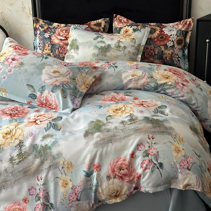 91家纺网 家纺一手货源 找家纺 桔禾家纺 2025新款田园花卉小清新直播加厚植物羊绒四件套高克重磨毛跨境四件套 大量现货 烟雨江南