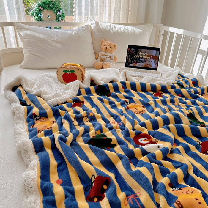 91家纺网 家纺一手货源 找家纺 桃子家居 2025新款A类ins圣诞新年秋冬限定款加厚牛奶绒羊羔绒毛毯多功能毯 绒毛毯-MT圣诞雪人蓝