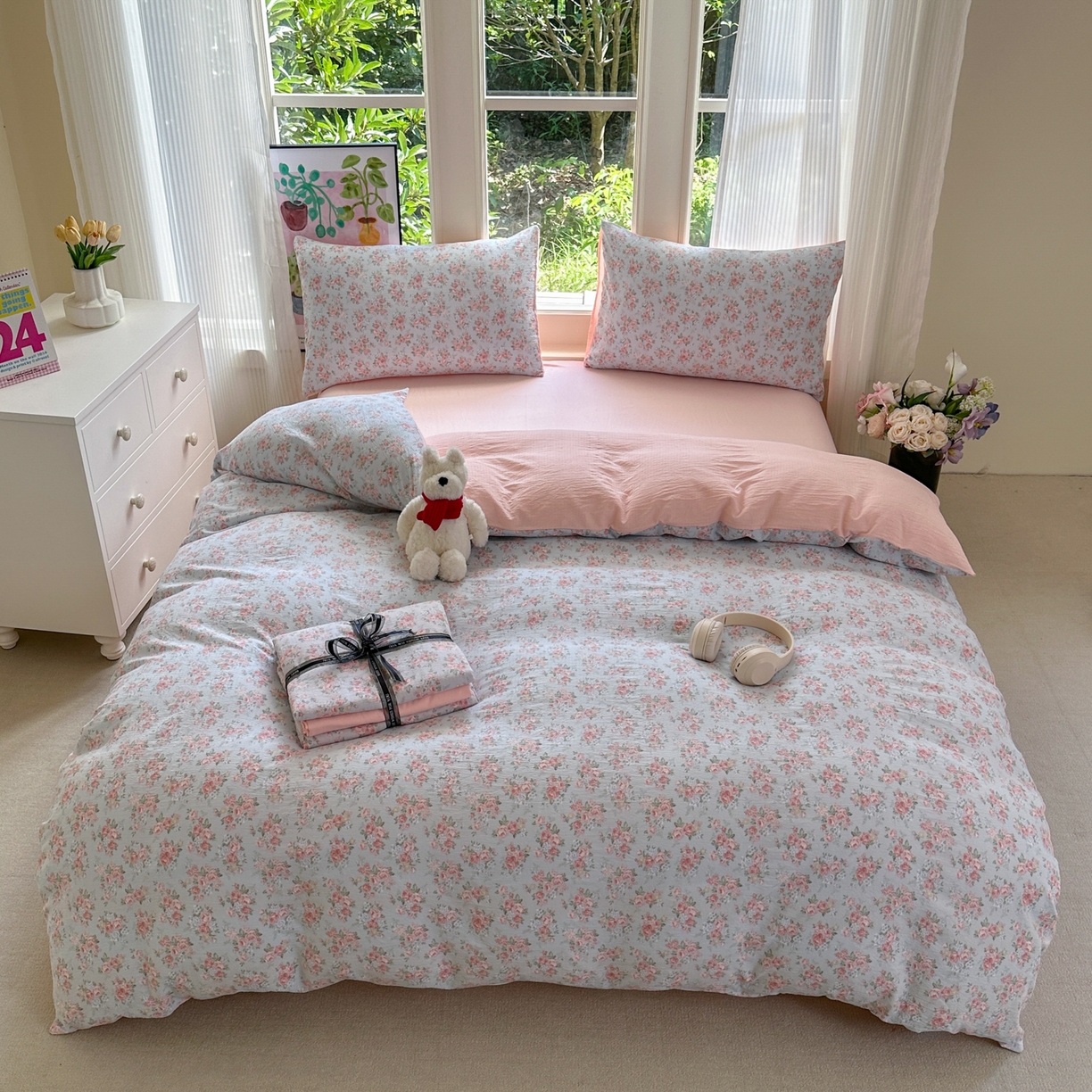 91家纺网 家纺一手货源 找家纺 桔禾家纺 2025新款小清新水洗棉有氧双层纱印花云感木棉皱皱纱四件套 玫瑰心语