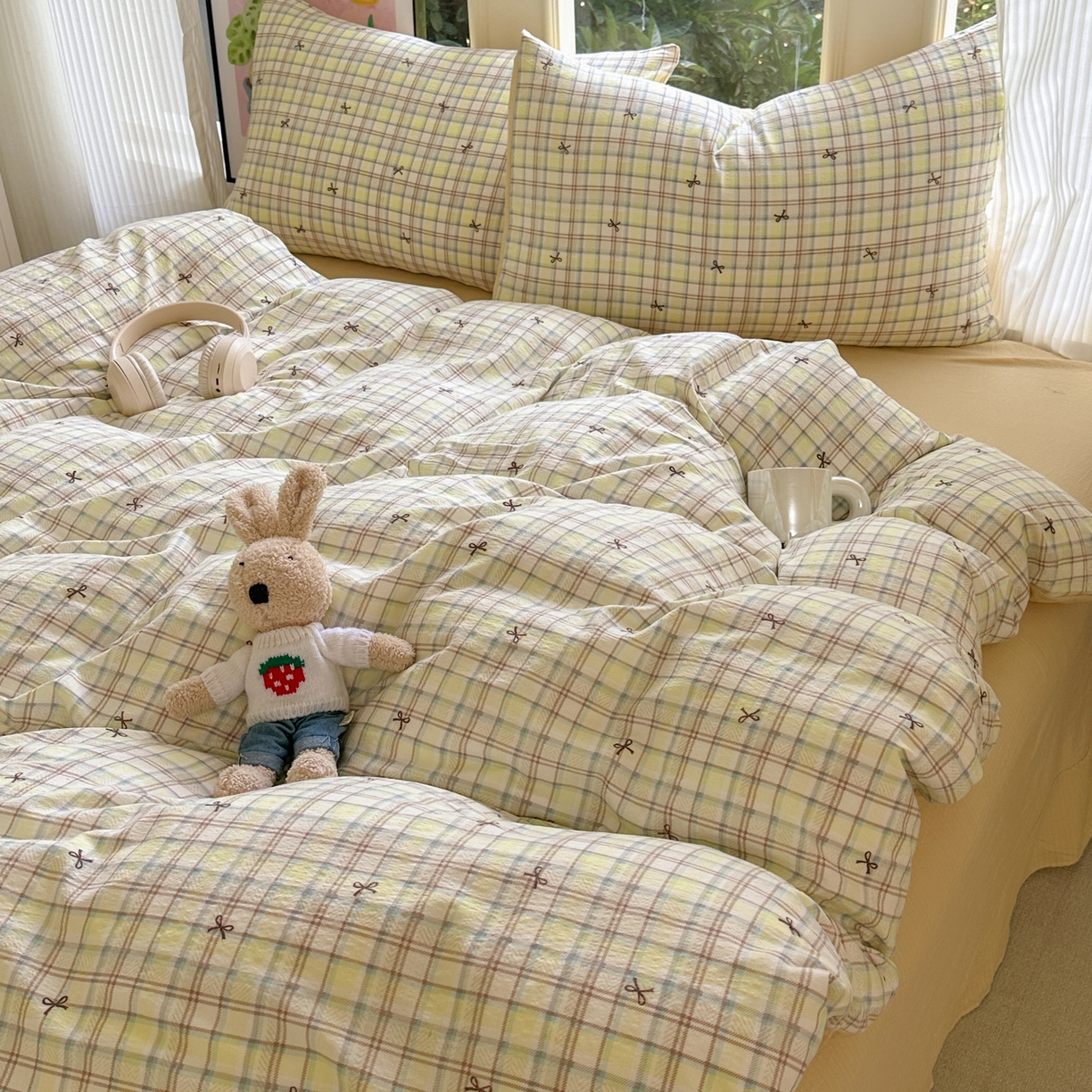 91家纺网 家纺一手货源 找家纺 桔禾家纺 2025新款小清新水洗棉有氧双层纱印花云感木棉皱皱纱四件套 千千结