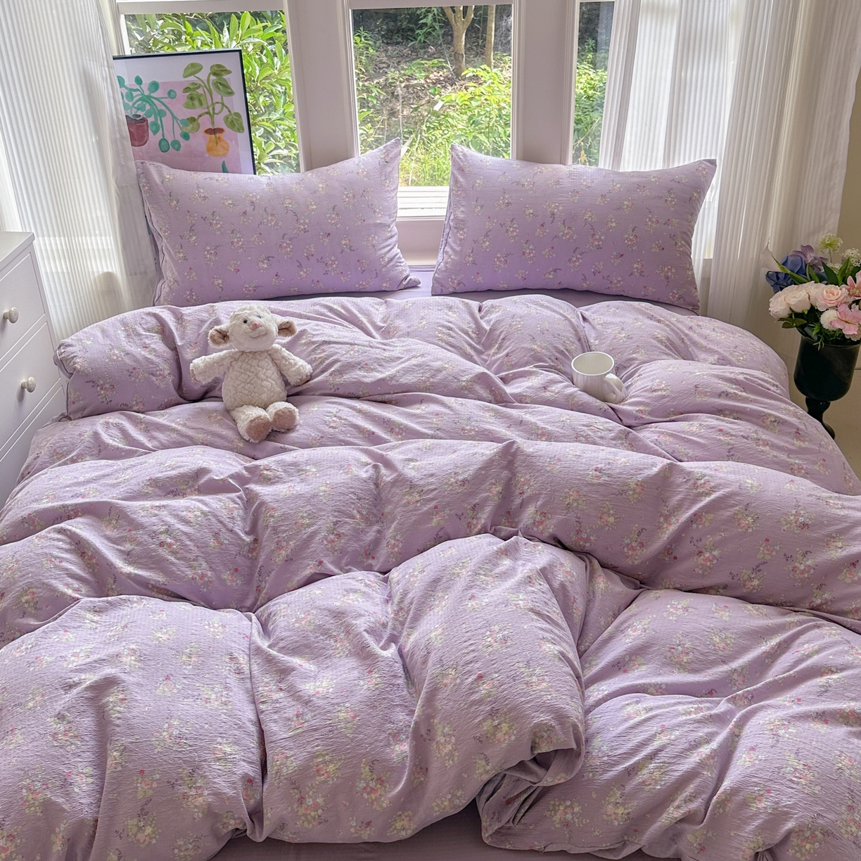 91家纺网 家纺一手货源 找家纺 桔禾家纺 2025新款小清新水洗棉有氧双层纱印花云感木棉皱皱纱四件套 满春庭