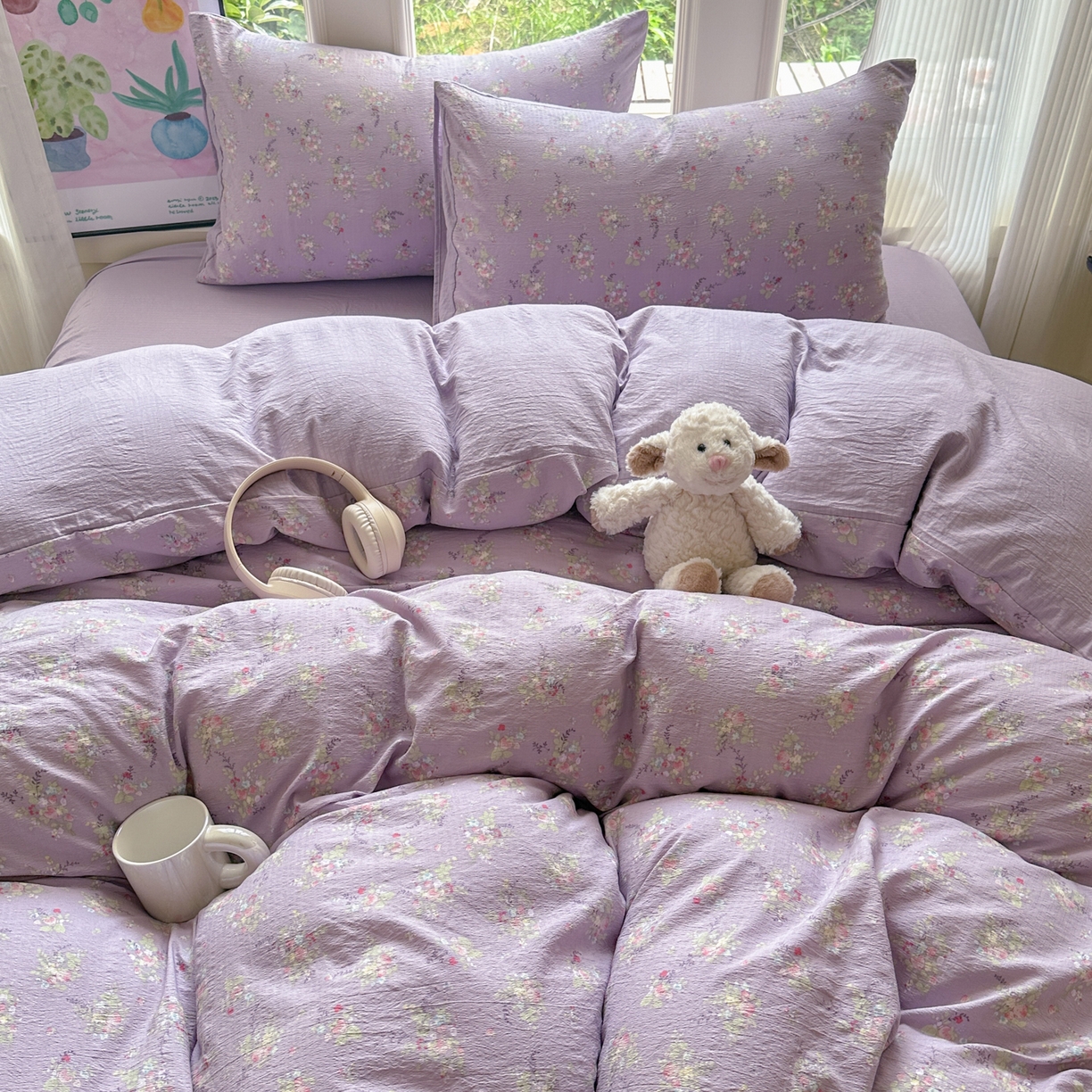 91家纺网 家纺一手货源 找家纺 桔禾家纺 2025新款小清新水洗棉有氧双层纱印花云感木棉皱皱纱四件套 满春庭