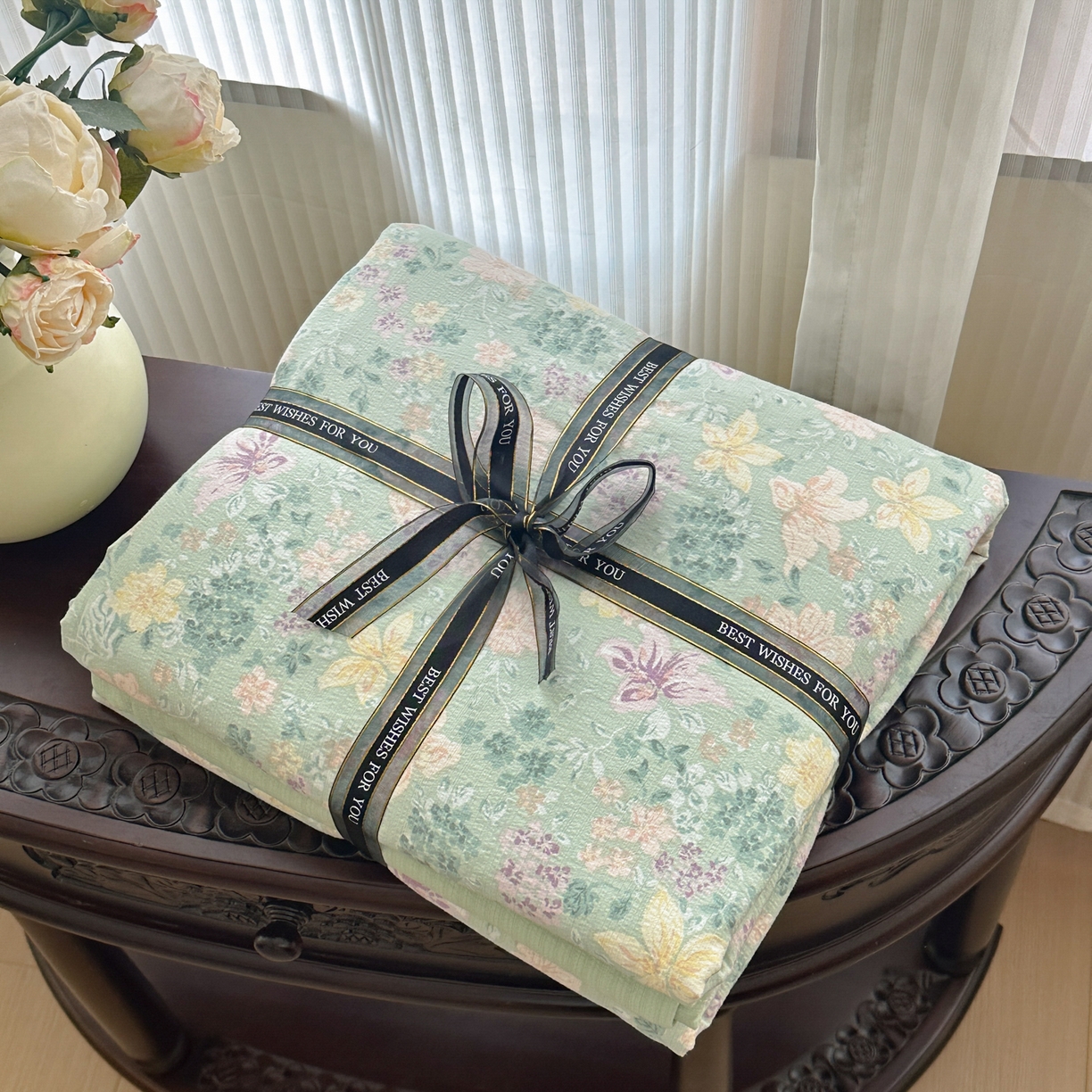 桔禾家纺 2025新款小清新水洗棉有氧双层纱印花云感木棉皱皱纱四件套 斯兰