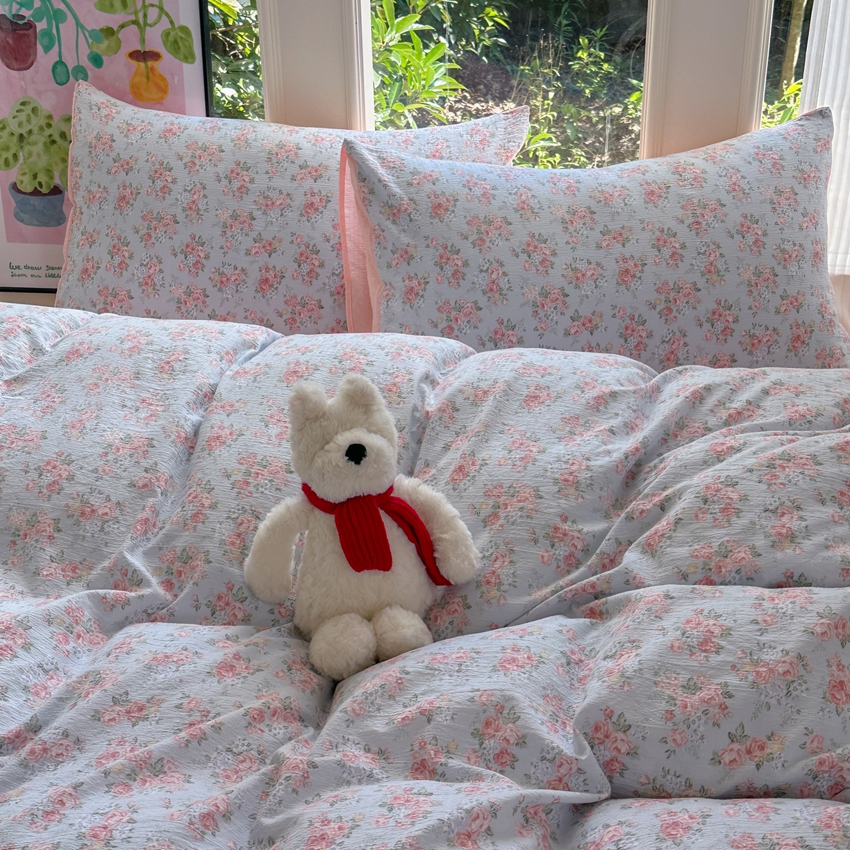 91家纺网 家纺一手货源 找家纺 桔禾家纺 2025新款小清新水洗棉有氧双层纱印花云感木棉皱皱纱四件套 玫瑰心语