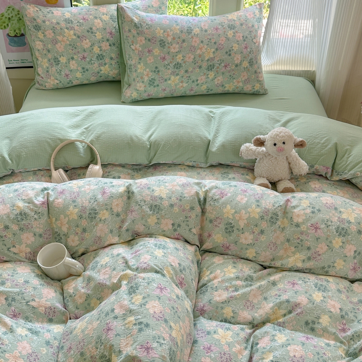 91家纺网 家纺一手货源 找家纺 桔禾家纺 2025新款小清新水洗棉有氧双层纱印花云感木棉皱皱纱四件套 斯兰