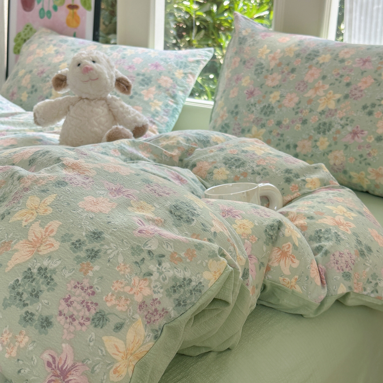 91家纺网 家纺一手货源 找家纺 桔禾家纺 2025新款小清新水洗棉有氧双层纱印花云感木棉皱皱纱四件套 斯兰