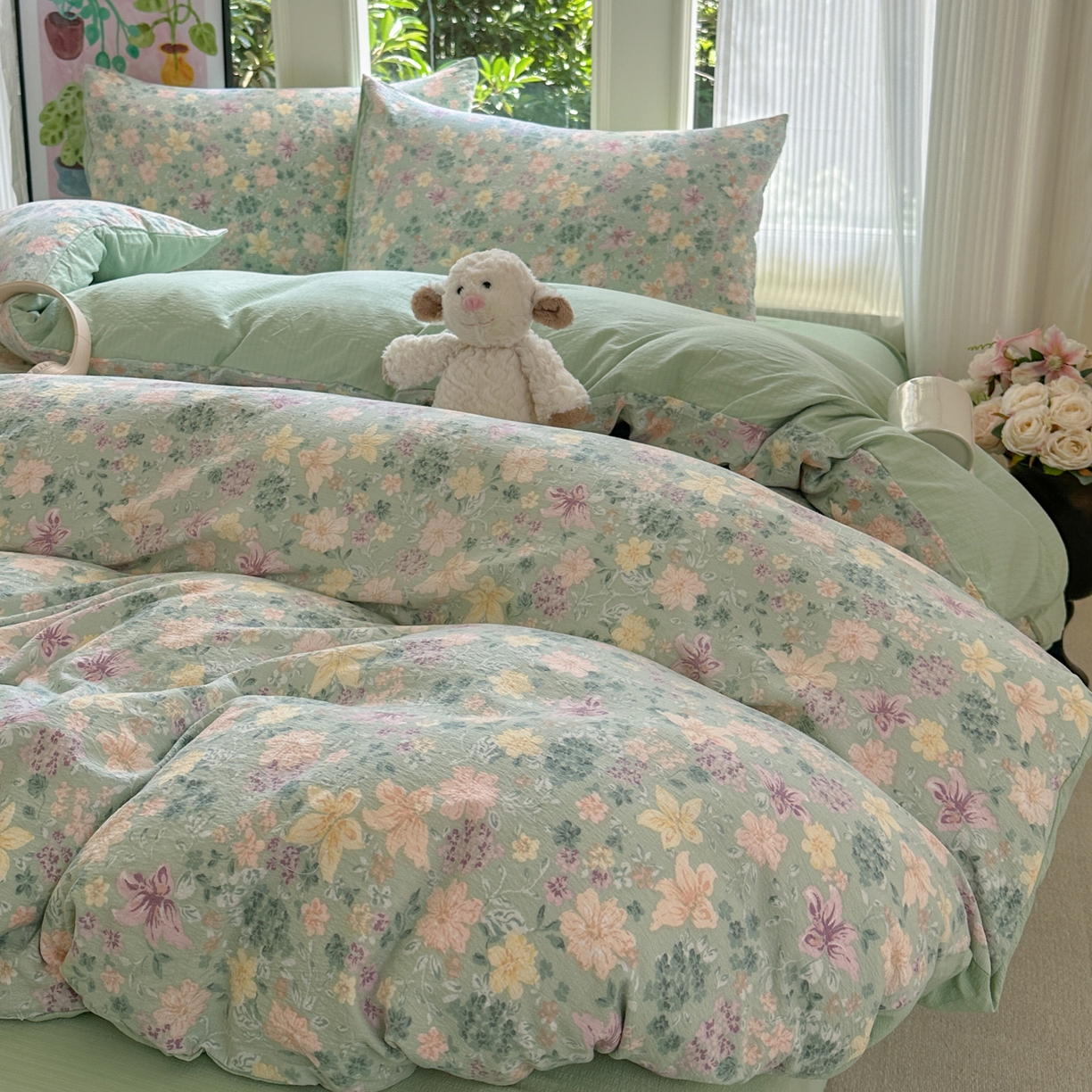 91家纺网 家纺一手货源 找家纺 桔禾家纺 2025新款小清新水洗棉有氧双层纱印花云感木棉皱皱纱四件套 斯兰