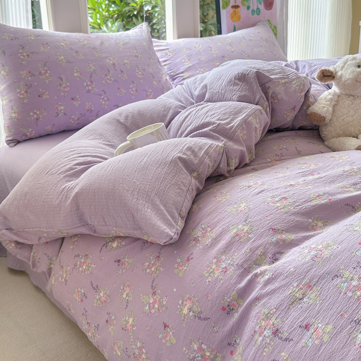 91家纺网 家纺一手货源 找家纺 桔禾家纺 2025新款小清新水洗棉有氧双层纱印花云感木棉皱皱纱四件套 满春庭