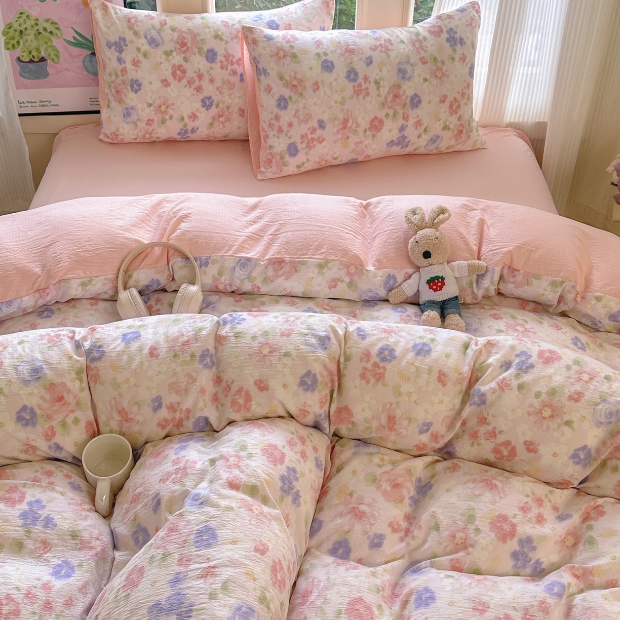 91家纺网 家纺一手货源 找家纺 （总）桔禾家纺 2025新款小清新水洗棉有氧双层纱印花云感木棉皱皱纱四件套