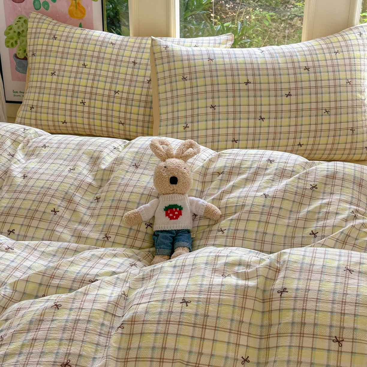 91家纺网 家纺一手货源 找家纺 桔禾家纺 2025新款小清新水洗棉有氧双层纱印花云感木棉皱皱纱四件套 千千结