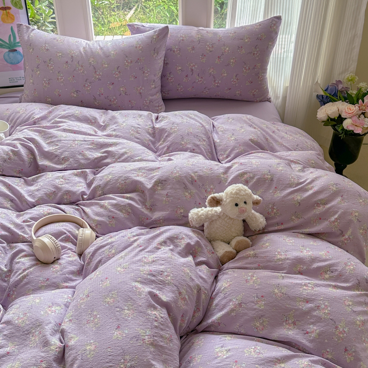 91家纺网 家纺一手货源 找家纺 桔禾家纺 2025新款小清新水洗棉有氧双层纱印花云感木棉皱皱纱四件套 满春庭