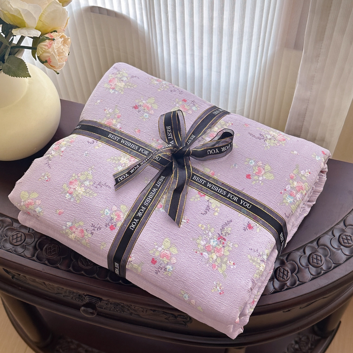 91家纺网 家纺一手货源 找家纺 （总）桔禾家纺 2025新款小清新水洗棉有氧双层纱印花云感木棉皱皱纱四件套